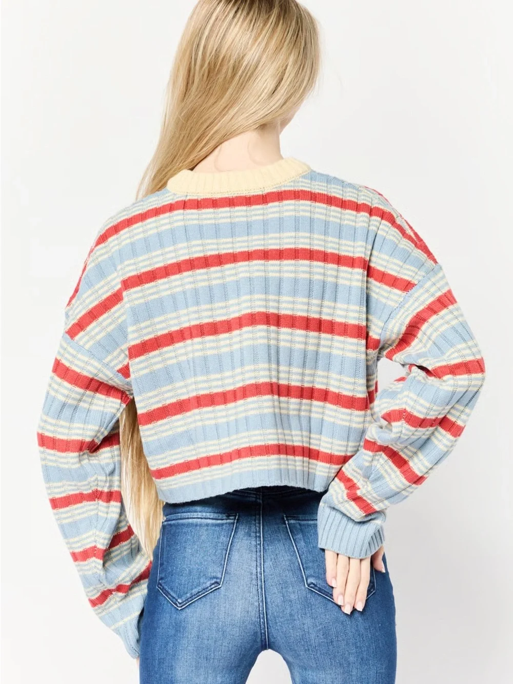 Kickers Retro Cropped Women's V-Neck Striped Knit Sweater